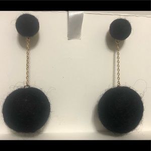Unique Fuzzy Black Ball Dangle Earrings Stud Post Gold Tone New Pom Pom